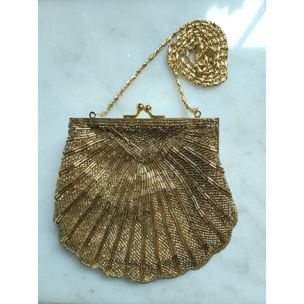VTG Exquisite Valerie Stevens Beaded Evening Bag Gold Glam Party Shell Clutch - Picture 2 of 13